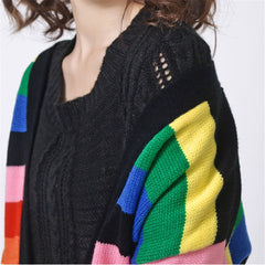 Women Rainbow Oversized Cardigan Long Knitted Sweater Cape Tops Femme Warm Sweaters Sueter Mujer