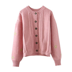 Preppy Style Floral Embroidery Knit Cardigans Sweater Women O Neck Chic Fashion Thicked Pull Femme Short Casual Coat