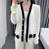 Women Cardigans Patchwork V-Neck Bow Loose Knitted Sweater Spring Autumn Long Sleeve Coat Casual Knitwear