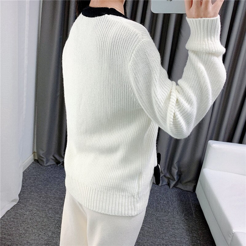 Women Cardigans Patchwork V-Neck Bow Loose Knitted Sweater Spring Autumn Long Sleeve Coat Casual Knitwear