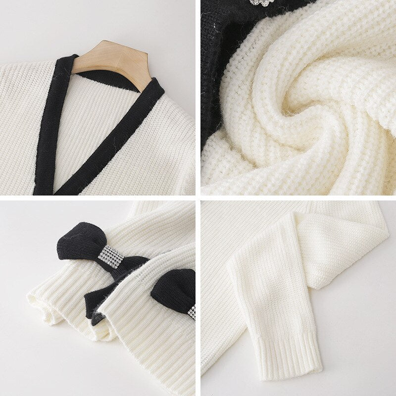 Women Cardigans Patchwork V-Neck Bow Loose Knitted Sweater Spring Autumn Long Sleeve Coat Casual Knitwear