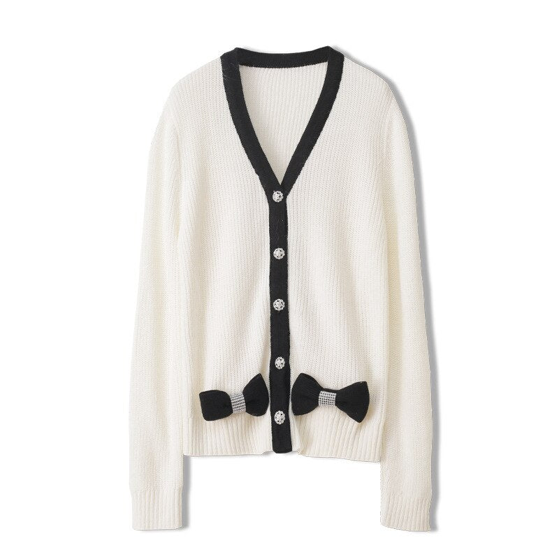 Women Cardigans Patchwork V-Neck Bow Loose Knitted Sweater Spring Autumn Long Sleeve Coat Casual Knitwear