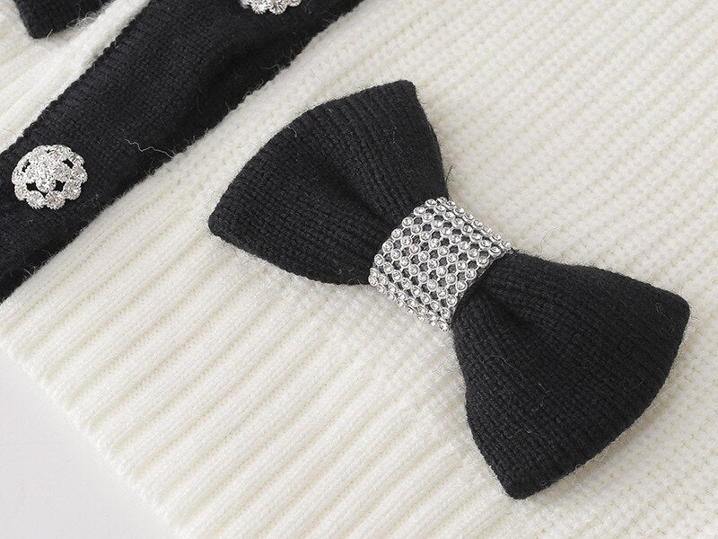 Women Cardigans Patchwork V-Neck Bow Loose Knitted Sweater Spring Autumn Long Sleeve Coat Casual Knitwear