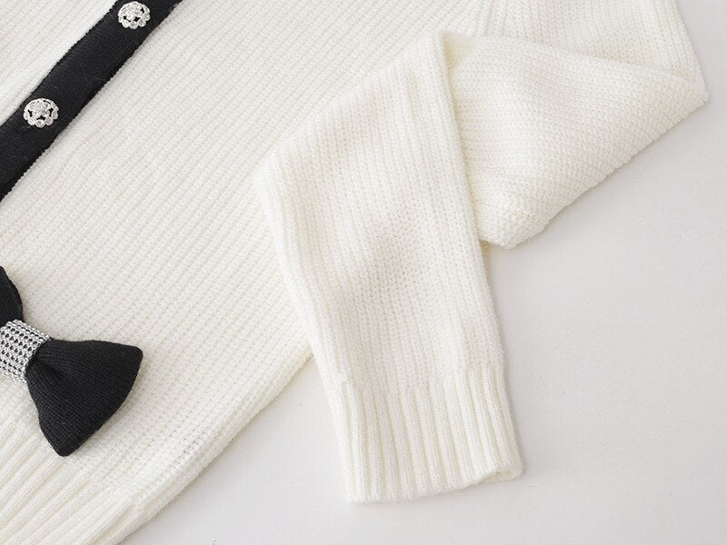 Women Cardigans Patchwork V-Neck Bow Loose Knitted Sweater Spring Autumn Long Sleeve Coat Casual Knitwear