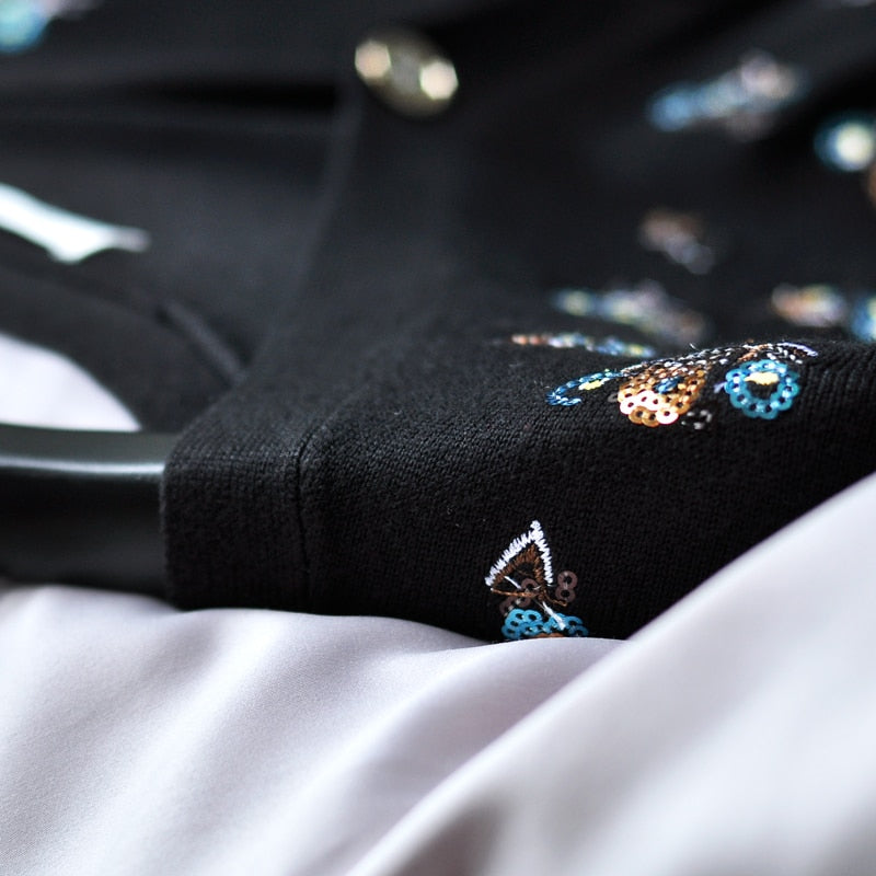 Luxury Brand Designer Autumn Sequin Embroidery Knitted Cardigan Vintage V Neck Long Sleeve Female Outerwear