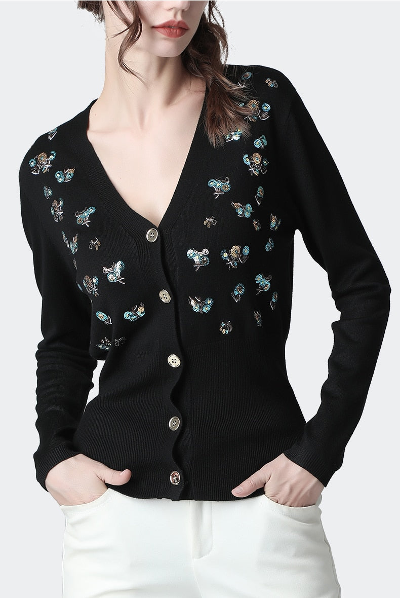 Luxury Brand Designer Autumn Sequin Embroidery Knitted Cardigan Vintage V Neck Long Sleeve Female Outerwear