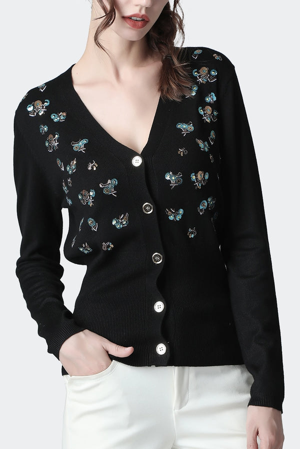 Luxury Brand Designer Autumn Sequin Embroidery Knitted Cardigan Vintage V Neck Long Sleeve Female Outerwear