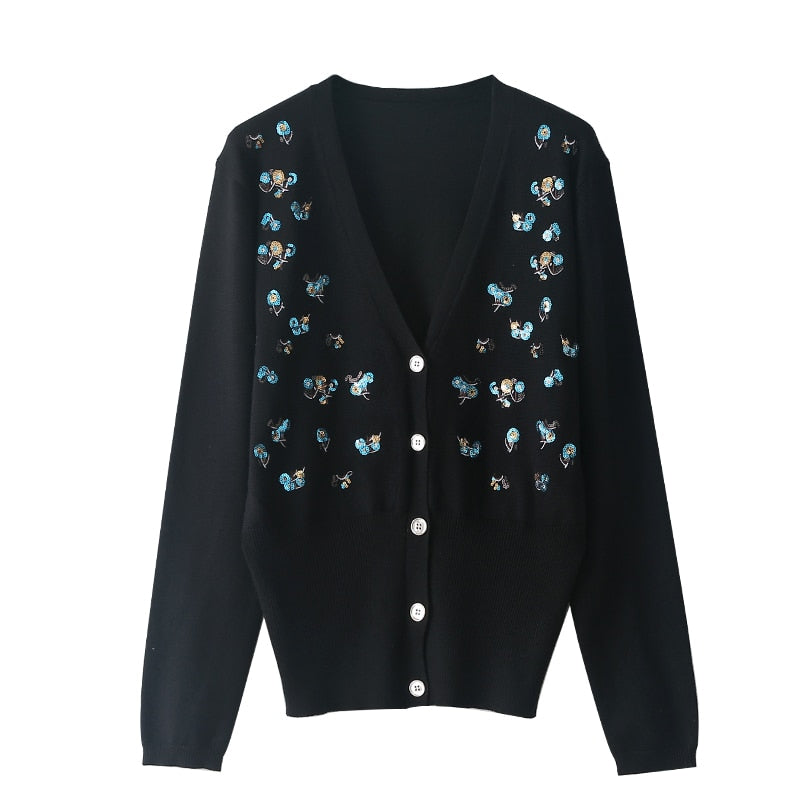Luxury Brand Designer Autumn Sequin Embroidery Knitted Cardigan Vintage V Neck Long Sleeve Female Outerwear