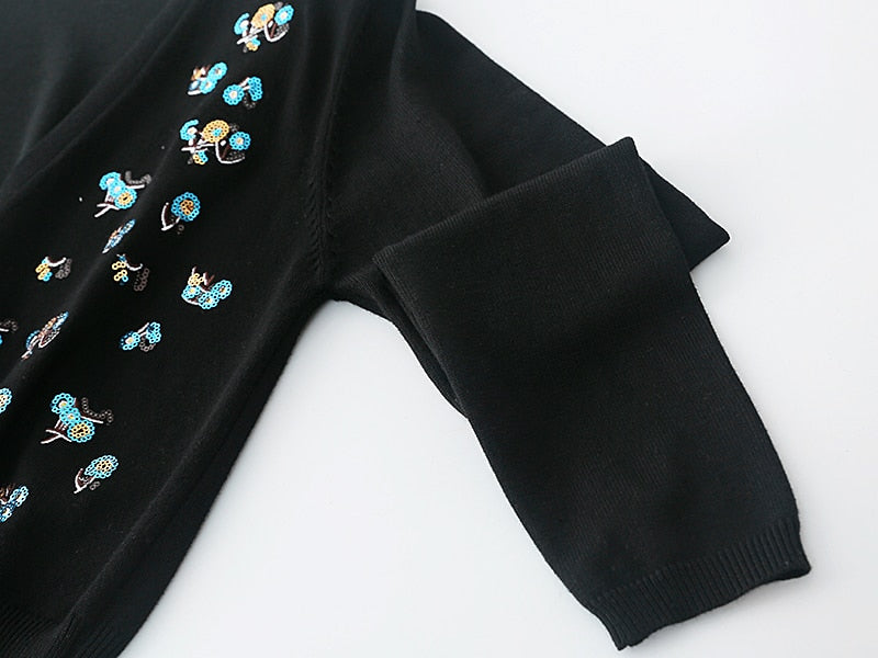 Luxury Brand Designer Autumn Sequin Embroidery Knitted Cardigan Vintage V Neck Long Sleeve Female Outerwear