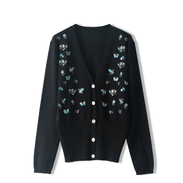 Luxury Brand Designer Autumn Sequin Embroidery Knitted Cardigan Vintage V Neck Long Sleeve Female Outerwear
