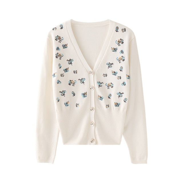 Luxury Brand Designer Autumn Sequin Embroidery Knitted Cardigan Vintage V Neck Long Sleeve Female Outerwear