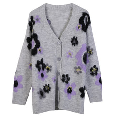 Autumn WinterHigh Quality Fashion Loose Floral V-Neck Cardigan Long Sleeve Single Breasted Button Knitted Sweaters
