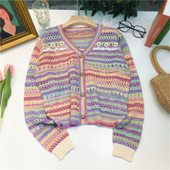 Summer Women Hollow Out Knitted Sweater Rainbow Long Sleeve Loose Cardigan Single Breasted Top Lady Outwear