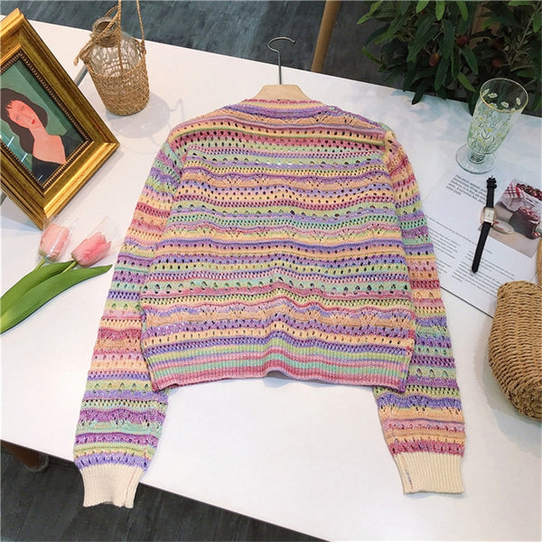 Summer Women Hollow Out Knitted Sweater Rainbow Long Sleeve Loose Cardigan Single Breasted Top Lady Outwear