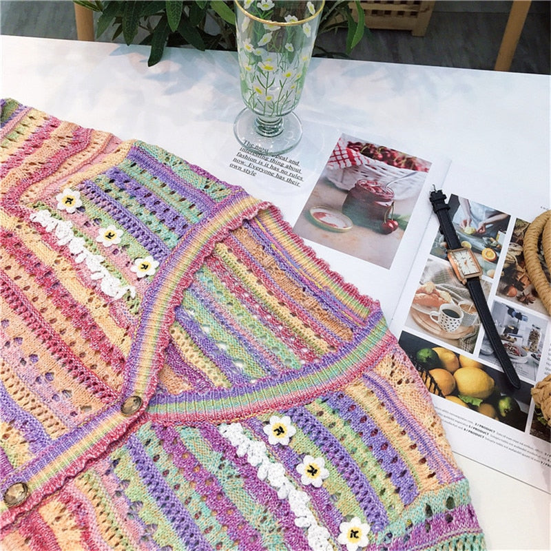 Summer Women Hollow Out Knitted Sweater Rainbow Long Sleeve Loose Cardigan Single Breasted Top Lady Outwear