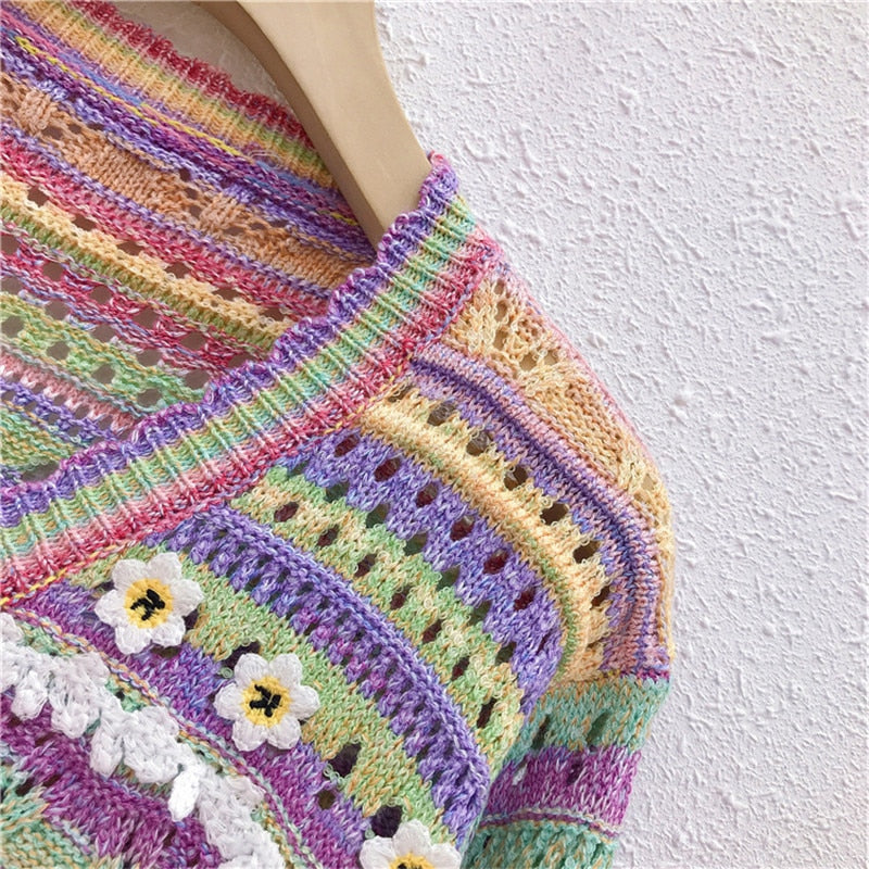 Summer Women Hollow Out Knitted Sweater Rainbow Long Sleeve Loose Cardigan Single Breasted Top Lady Outwear