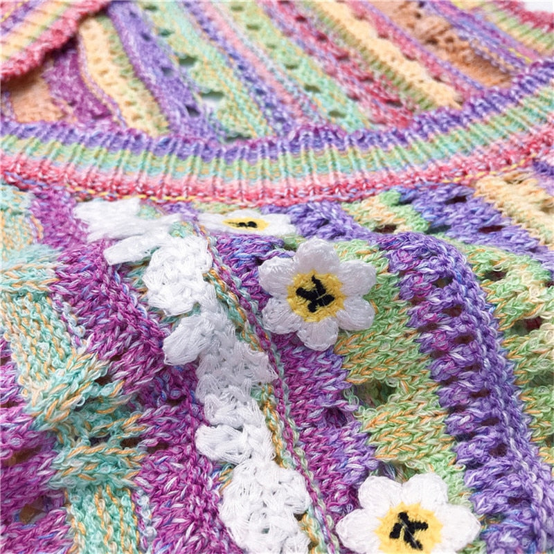 Summer Women Hollow Out Knitted Sweater Rainbow Long Sleeve Loose Cardigan Single Breasted Top Lady Outwear