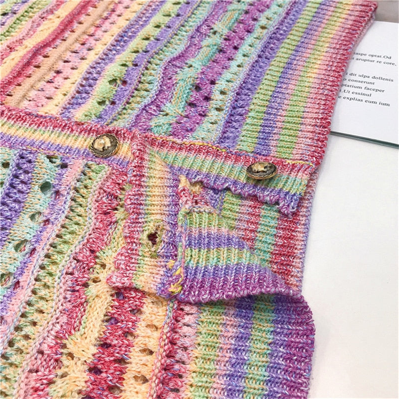 Summer Women Hollow Out Knitted Sweater Rainbow Long Sleeve Loose Cardigan Single Breasted Top Lady Outwear
