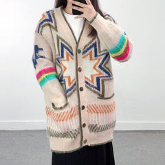 Fall Winter Women Geometry Knitted Cardigan Sweater Jumper Button-u Female Tops