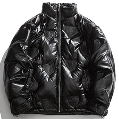 Winter Jacket Men Heart Embossing Solid Color Zipper Black Parkas Baggy Simple Fashion Cool Warm Cozy Padded Streetwear