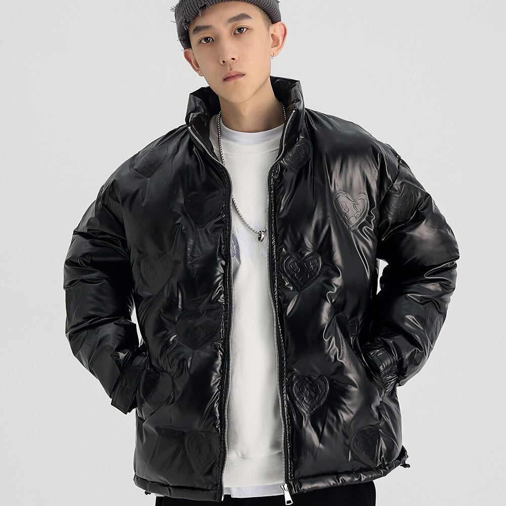 Winter Jacket Men Heart Embossing Solid Color Zipper Black Parkas Baggy Simple Fashion Cool Warm Cozy Padded Streetwear