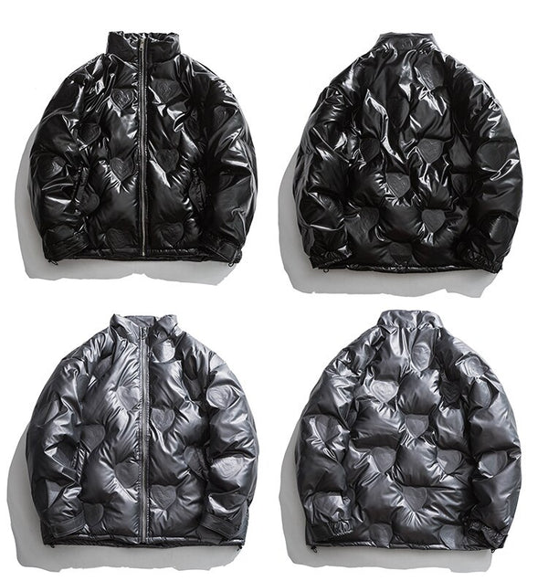 Winter Jacket Men Heart Embossing Solid Color Zipper Black Parkas Baggy Simple Fashion Cool Warm Cozy Padded Streetwear
