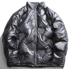 Winter Jacket Men Heart Embossing Solid Color Zipper Black Parkas Baggy Simple Fashion Cool Warm Cozy Padded Streetwear