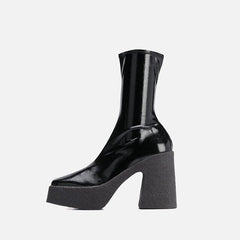 Woman‘s Ankle Boots Black Leather Square Toe Zipper 9cm High Heels England Platform Footwear Elegant Handmade Shoes