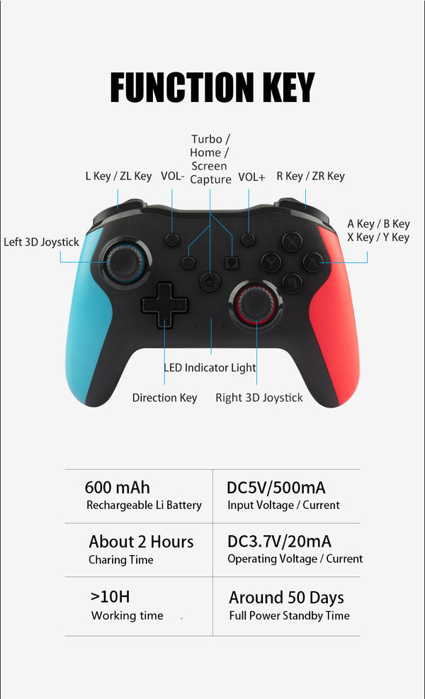 Wireless Bluetooth Gamepad For Nintendo Switch/Switch Lite Built in 600mAh Battery Pro Game Controller For Switch Accessories