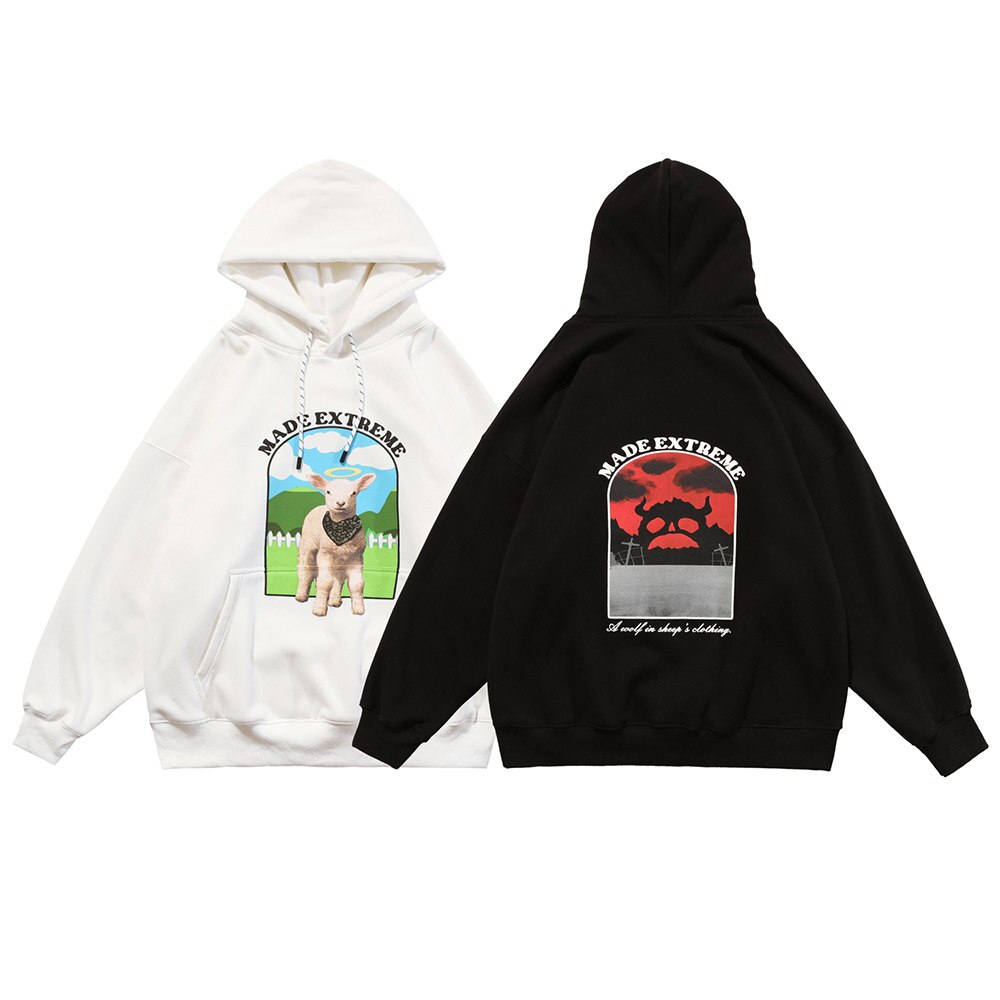 Hoodie Men Cute Funny Animal Letter Print Fleece Pullover Couple College Style Baggy Fashion Harajuku Streetwear Autumn