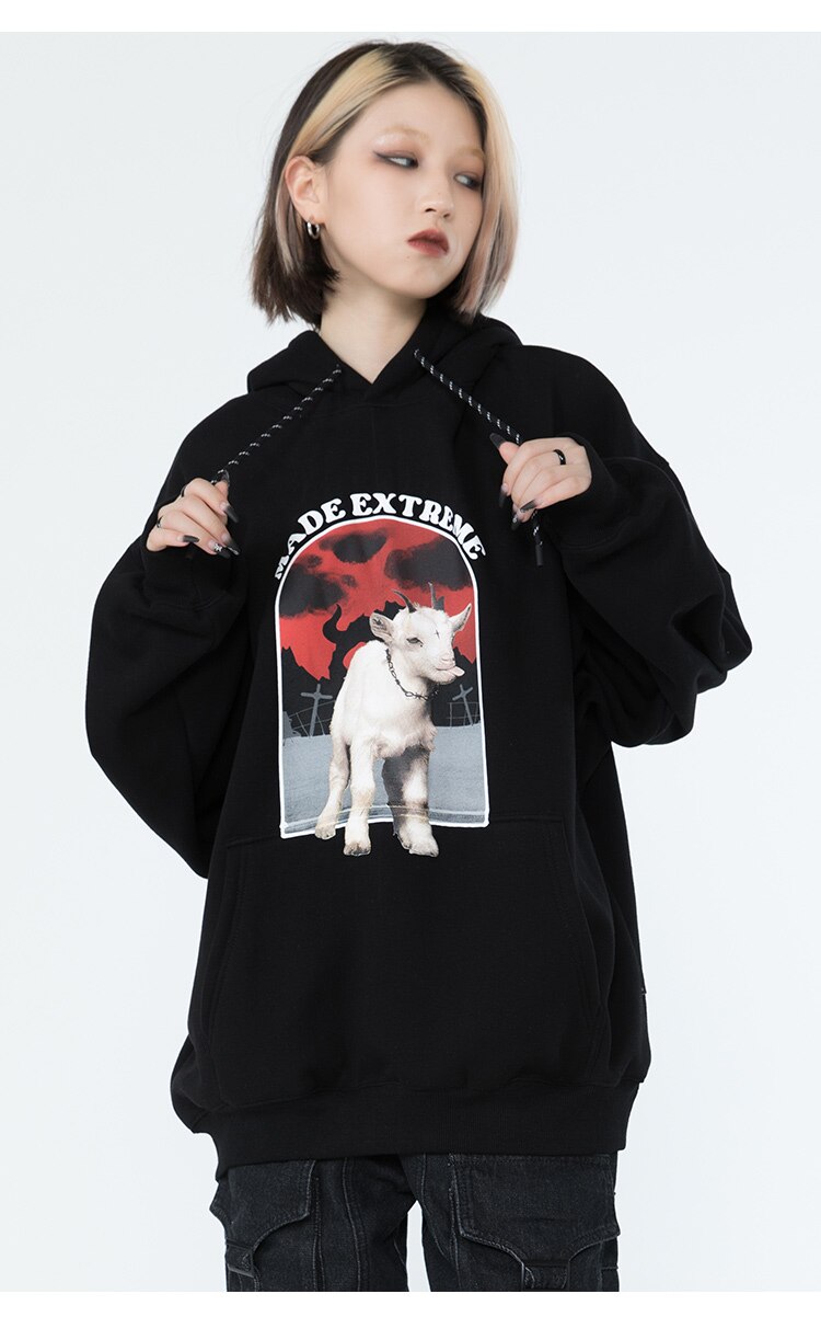 Hoodie Men Cute Funny Animal Letter Print Fleece Pullover Couple College Style Baggy Fashion Harajuku Streetwear Autumn