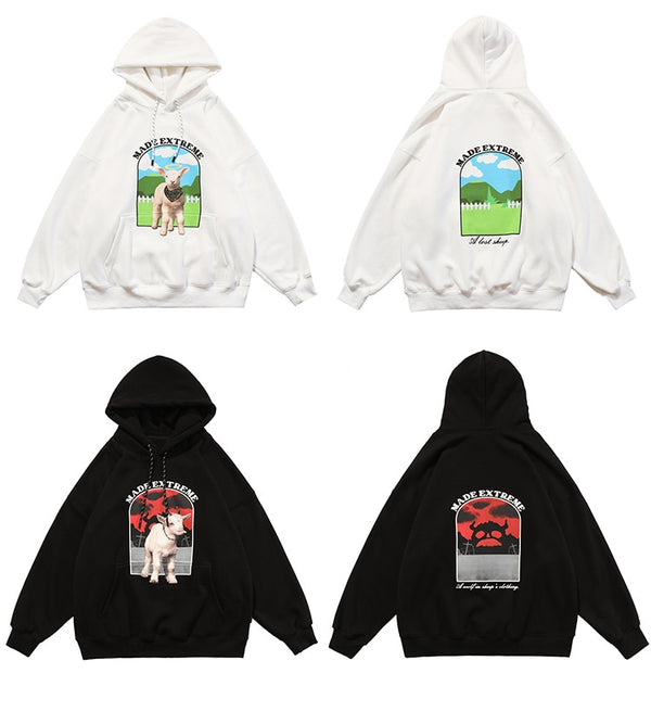 Hoodie Men Cute Funny Animal Letter Print Fleece Pullover Couple College Style Baggy Fashion Harajuku Streetwear Autumn