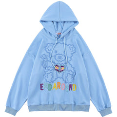 Hoodie Men Colorful Letter Embroidery Cute Bear Hooded Pullover Men Harajuku College Style Sweatshirt Couple Streetwear