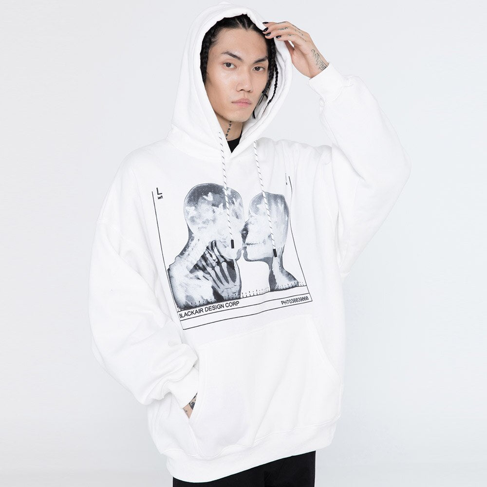 Hoodies Men Scary Skeleton Bone Print Plus Velvet Pullover Couple Oversize Gothic Diablo Style Punk Harajuku Streetwear