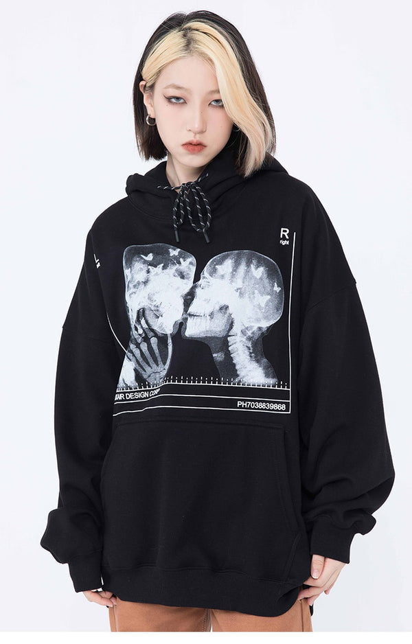 Hoodies Men Scary Skeleton Bone Print Plus Velvet Pullover Couple Oversize Gothic Diablo Style Punk Harajuku Streetwear