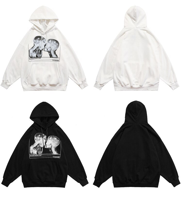 Hoodies Men Scary Skeleton Bone Print Plus Velvet Pullover Couple Oversize Gothic Diablo Style Punk Harajuku Streetwear