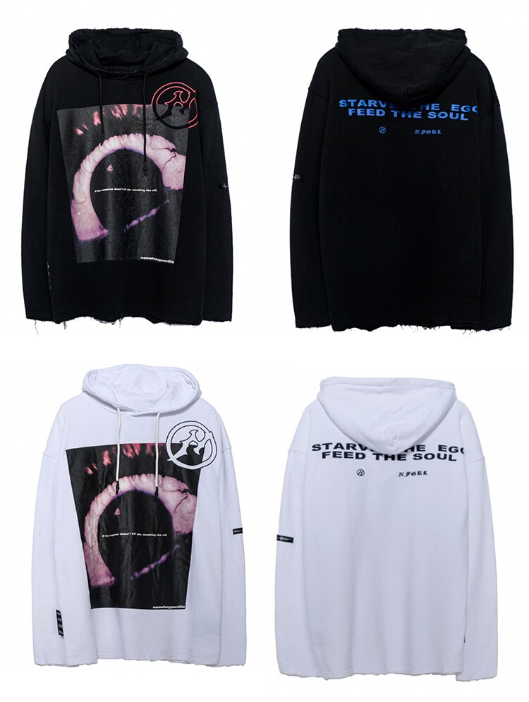 Hoodies Men Horror Illustration Letter Print Ripped Pullover Couple Baggy Cozy Hooded Tops Soft Warm Hipster Streetwear
