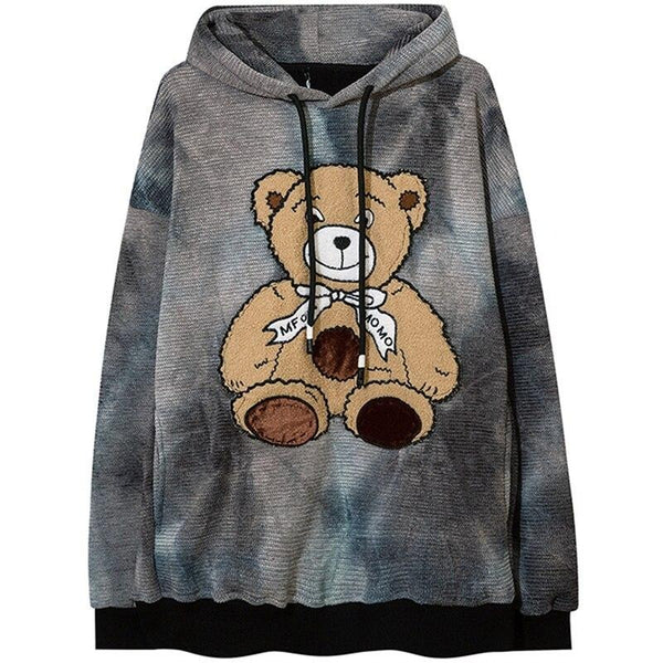 Hoodie Men Furry Cute Bear Patch Fleece Hooded Pullover Oversized Vintage College Style All-match Sweatshirt Streetwear