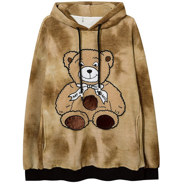 Hoodie Men Furry Cute Bear Patch Fleece Hooded Pullover Oversized Vintage College Style All-match Sweatshirt Streetwear