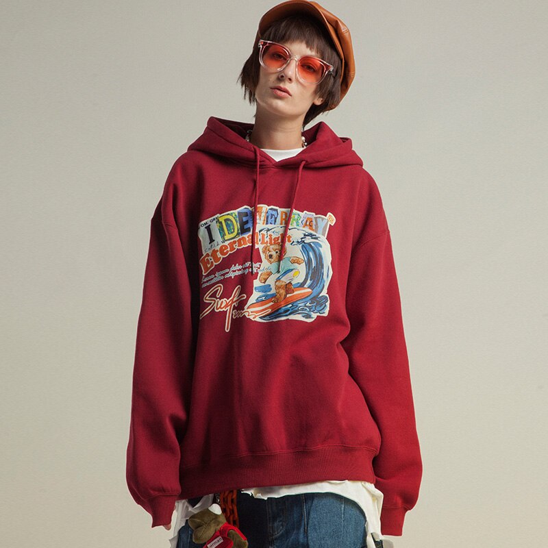 Men Funny Cartoon Bear Colorful Letter Print Sweatshirt Couple High Street College Style Pullover Men Streetwear