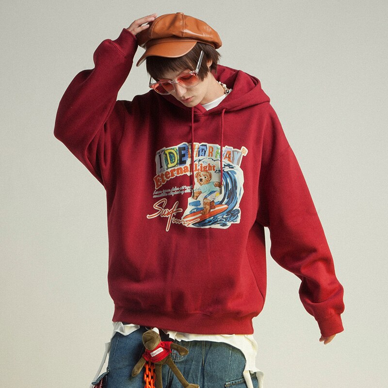 Men Funny Cartoon Bear Colorful Letter Print Sweatshirt Couple High Street College Style Pullover Men Streetwear