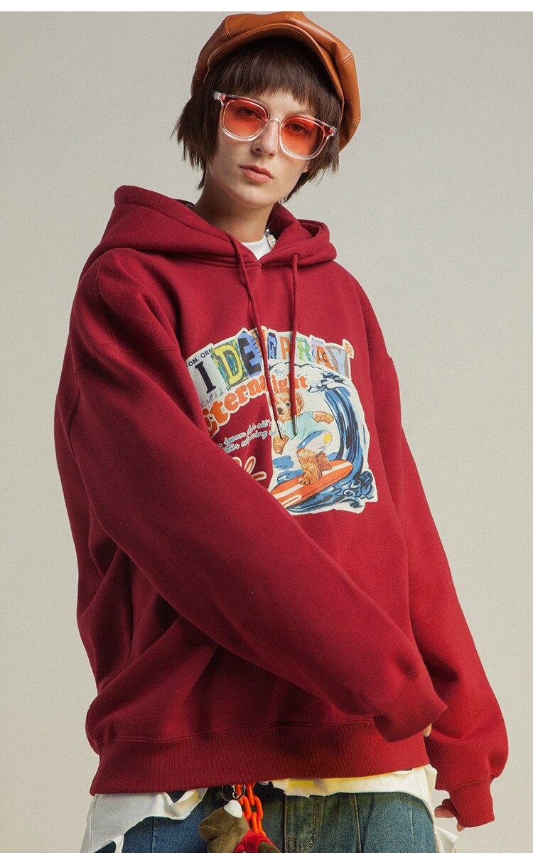 Men Funny Cartoon Bear Colorful Letter Print Sweatshirt Couple High Street College Style Pullover Men Streetwear