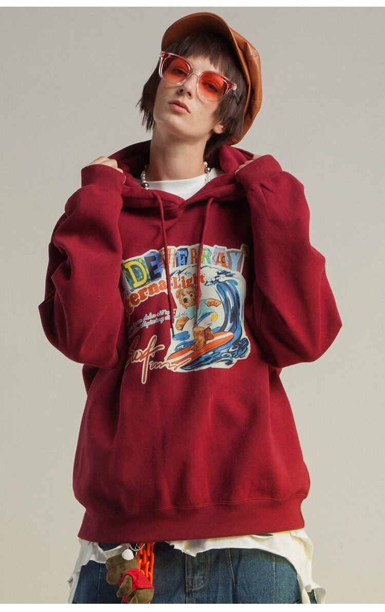 Men Funny Cartoon Bear Colorful Letter Print Sweatshirt Couple High Street College Style Pullover Men Streetwear