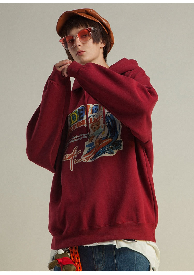 Men Funny Cartoon Bear Colorful Letter Print Sweatshirt Couple High Street College Style Pullover Men Streetwear