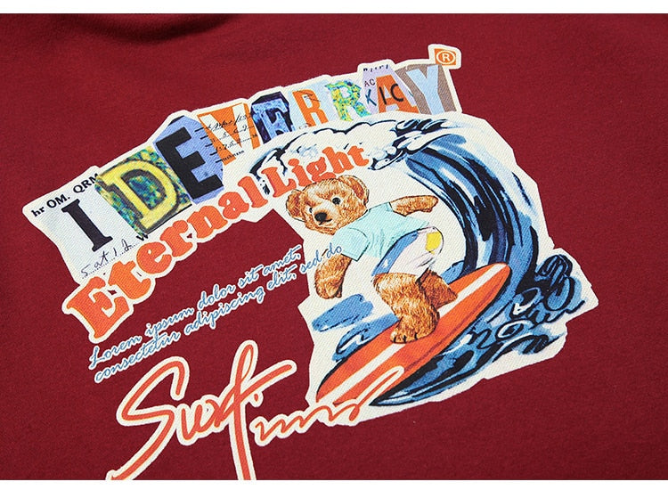 Men Funny Cartoon Bear Colorful Letter Print Sweatshirt Couple High Street College Style Pullover Men Streetwear