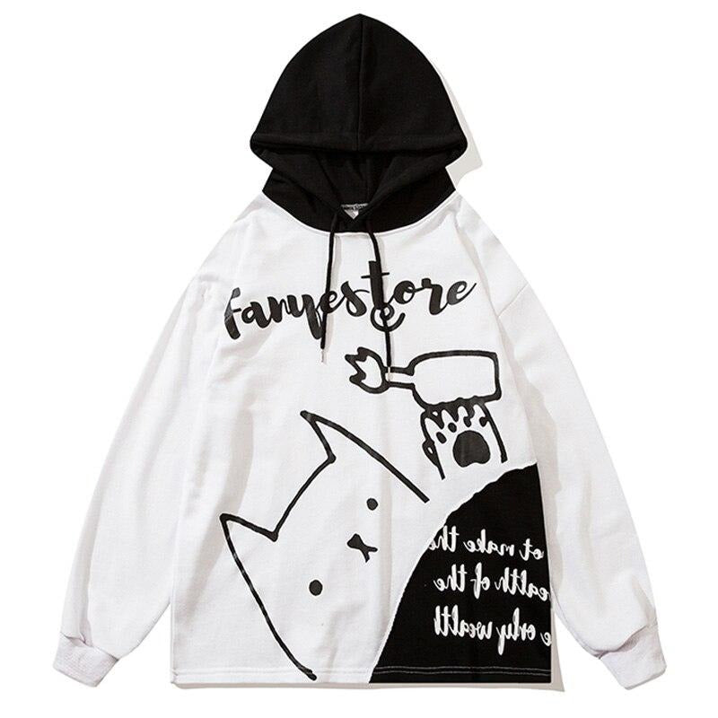 Hoodie Men Patchwork Color Cartoon Graffiti Hooded Pullover Autumn Casual Oversized Fashion Harajuku Streetwear Couple