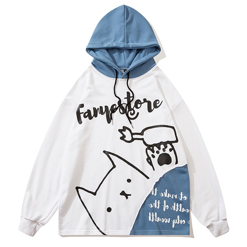 Hoodie Men Patchwork Color Cartoon Graffiti Hooded Pullover Autumn Casual Oversized Fashion Harajuku Streetwear Couple