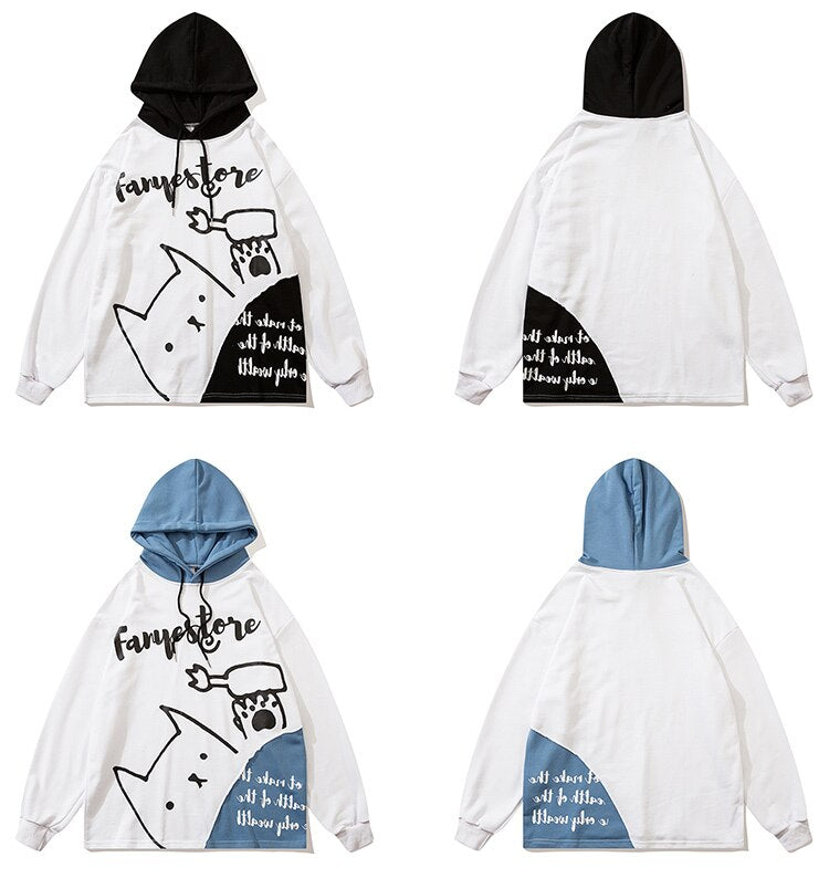 Hoodie Men Patchwork Color Cartoon Graffiti Hooded Pullover Autumn Casual Oversized Fashion Harajuku Streetwear Couple
