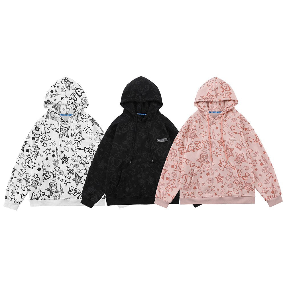 Hoodie Men Cute Funny Letter Star Graffiti Fleece Pullovers College Style All-match Casual Loose Tops Streetwear Couple