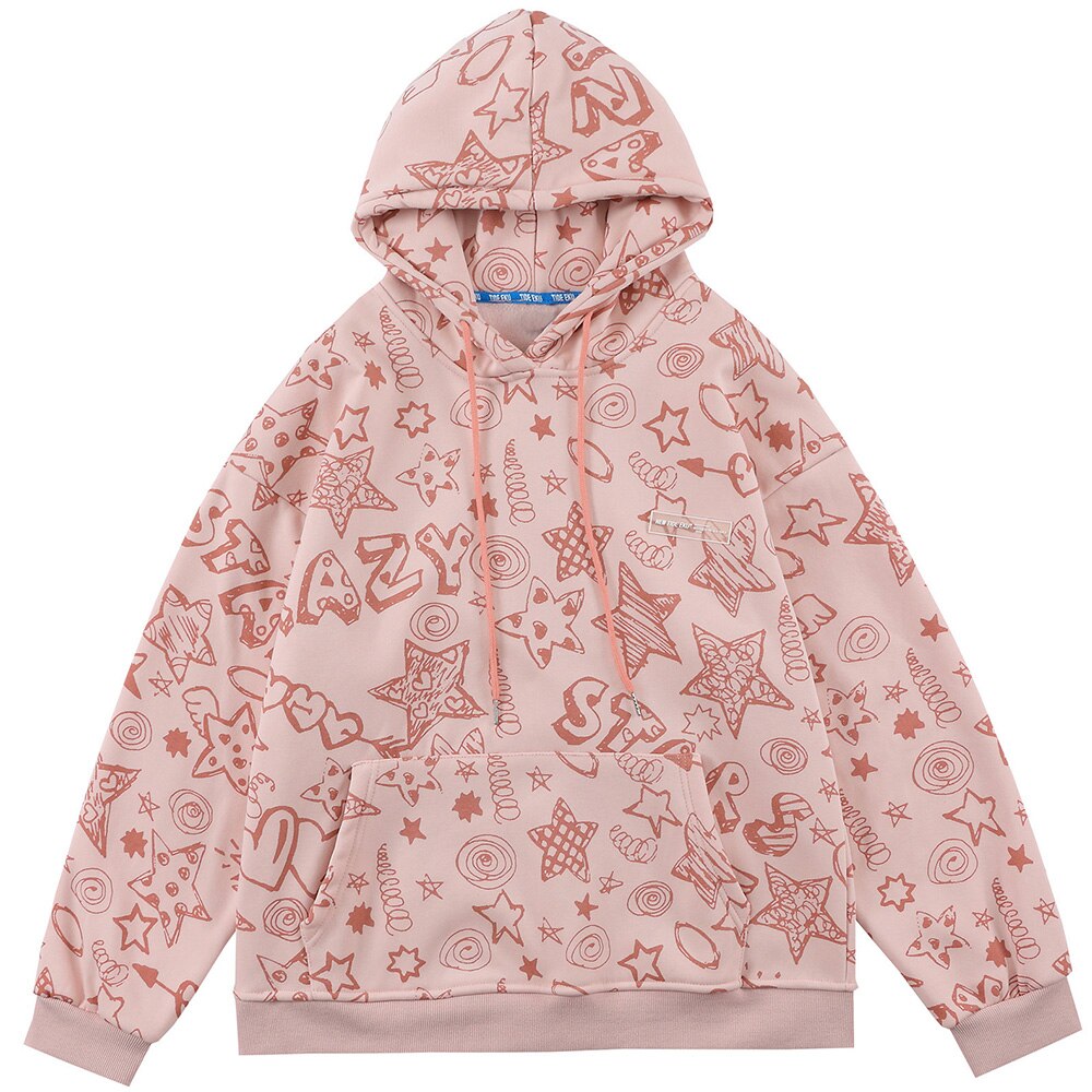 Hoodie Men Cute Funny Letter Star Graffiti Fleece Pullovers College Style All-match Casual Loose Tops Streetwear Couple